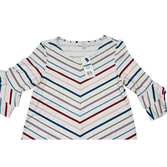 New Direction NWT Polished Julianna Crepe Blouse Top Qtr Ruffle Sleeve Striped - Picture 4 of 8